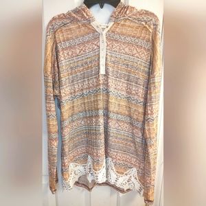REWIND Women's Long Sleeve Top Accented with Lace Hoodie Size L Rayon Polyester